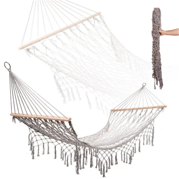 Dārza šūpuļtīkls Boho ar koka stieni un bārkstīm 200x100cm pelēks