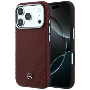 Чехол Mercedes Leather Semi Wrap Wood Effect MagSafe для iPhone 17 Pro / 18 Pro, бордовый