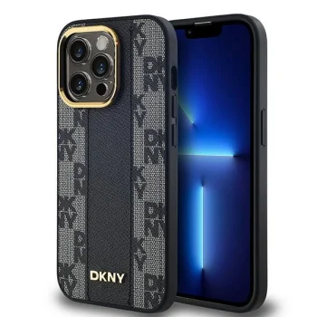 DKNY iPhone 13 Pro Max Case Leather Checkered Mono Pattern MagSafe, Black