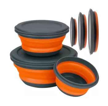 Folding Silicone Bowls with Lids, 3 Pieces, Grey-Orange