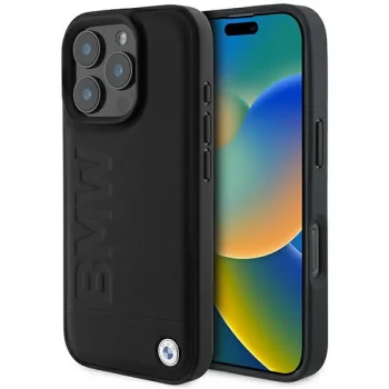 BMW iPhone 16 Pro vāciņš Leather Hot Stamp MagSafe, melns