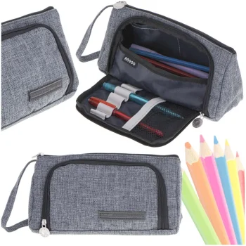 Two-Compartment School Pencil Case / Cosmetic Bag 3-in-1, Grey