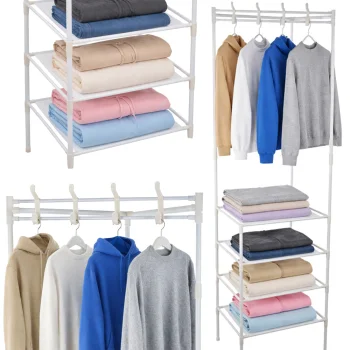 Corner Standing Coat Rack with 3 Shoe Shelves, Metal, White