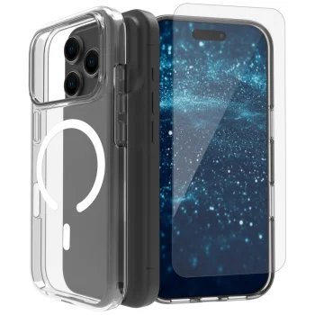 Aizsargkomplekts 3-in-1 Roobix iPhone 17 ar MagSafe vāciņu, stiklu un kameras aizsargu, caurspīdīgs