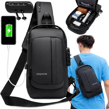 One-Strap Sling Backpack with Combination Lock and USB Port, Black