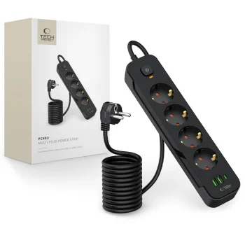 Tech-Protect PCL4X3 Power Strip 4 Sockets + 2xUSB-A + 1xUSB-C 200 cm, Black