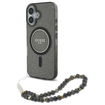 Guess iPhone 16 vāciņš IML Glitter With Pearl Strap MagSafe, melns