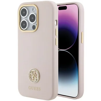 Чехол Guess Silicone Logo Strass 4G для iPhone 15 Pro - светло-розовый