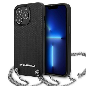 Karl Lagerfeld Leather Textured and Chain vāciņš iPhone 13 Pro Max, Melns