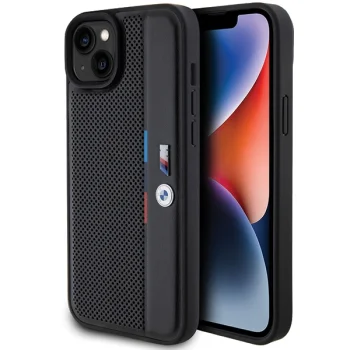 BMW iPhone 15 Plus / 14 Plus vāciņš Perforated Tricolor Line, melns