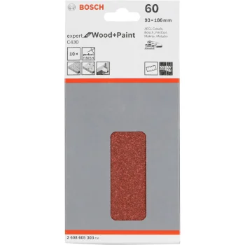 Slīpēšanas loksnes Bosch C 430 koksnei un lakai, 93x186 mm, G60, 8 caurumi, 10 gab.