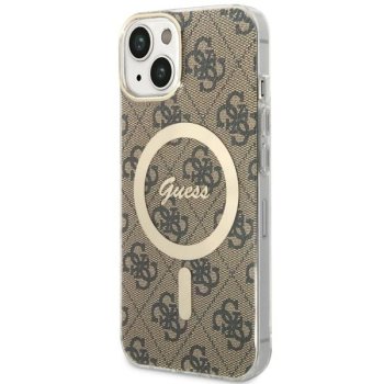 Guess iPhone 14 vāciņš IML 4G Gold Stripe MagSafe, brūns
