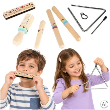Wooden Musical Instruments Set for Kids: Triangle, Harmonica, Guiro and Rhythm Sticks