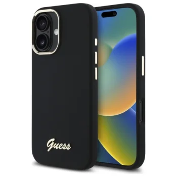 Telefona vāciņš Guess Silicone Script Metal Logo & Frame priekš iPhone 16, melns