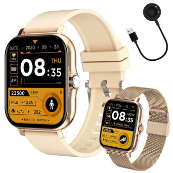 Smartwatch for Men and Women with Bluetooth Calls, Fitness Tracker, Rubber Strap, Gold