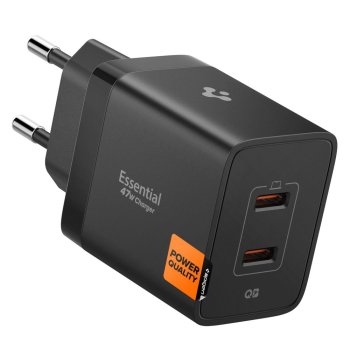 Spigen Essential EE472EU 2‑portu USB‑C 47 W sienas lādētājs – melns