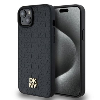 Apple iPhone 15 6.1'' DKNY Leather Pattern Metal Logo MagSafe Case Cover, Black