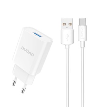Dudao A4EU USB-A 2.1A sienas lādētājs – balts + USB-A – USB-C kabelis