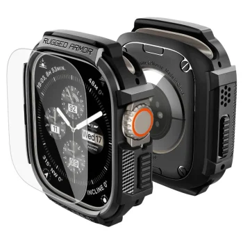 Spigen Rugged Armor Case and 9H Tempered Glass for Apple Watch Ultra 49mm, Matte Black
