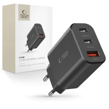 Tech-Protect NC30W tīkla lādētājs 2x USB-C PD 30W / USB-A QC 3.0, melns
