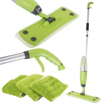 Flat mop with spray, rotating head, 3 microfiber pads, green