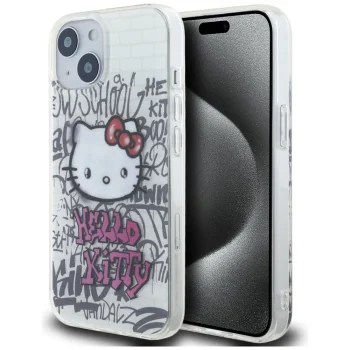Hello Kitty iPhone 15 vāciņš IML Kitty On Bricks Graffiti, balts