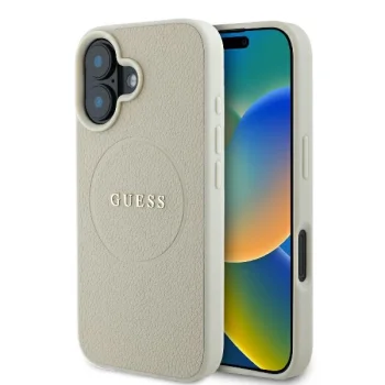 Чехол Guess для iPhone 16 Grained Ring MagSafe, бежевый