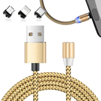 Магнитный кабель для зарядки 3-в-1 (Micro USB, Type-C, Lightning), 1м, золотой