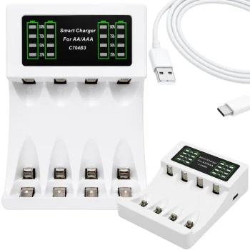 Зарядное устройство для аккумуляторов AA/AAA Maxday C704B3, USB-C, LCD, белое
