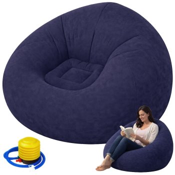 Надувное велюровое кресло-пуф для отдыха и релакса, темно-синее