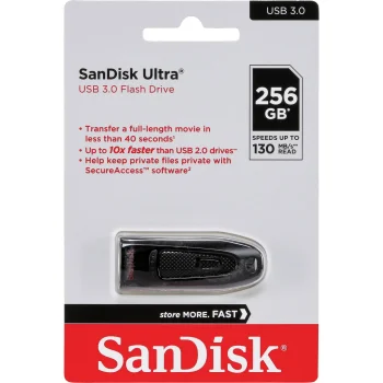 USB zibatmiņa SanDisk Ultra 256 GB USB 3.0 līdz 100 MB/s, melna (SDCZ48-256G-U46)