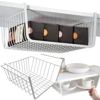 Piekaramais grozs zem plaukta metāla grozu organizators virtuves balts | Suspended basket under shelf metal organizer...