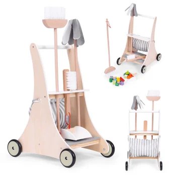ECOTOYS koka uzkopšanas komplekts bērniem ar ratiņiem