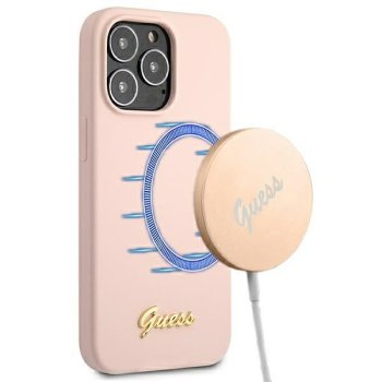 Guess чехол для iPhone 13 Pro Max Silicone Script Gold Logo светло-розовый