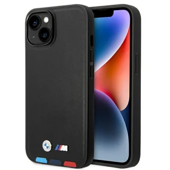 BMW iPhone 14 vāciņš Leather Stamp Tricolor MagSafe, melns
