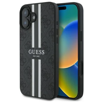 Чехол Guess для iPhone 16 4G Printed Stripes MagSafe, черный