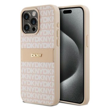 Apple iPhone 15 Pro Max 6.7'' DKNY Leather Mono Stripe Metal Logo Case Cover, Pink