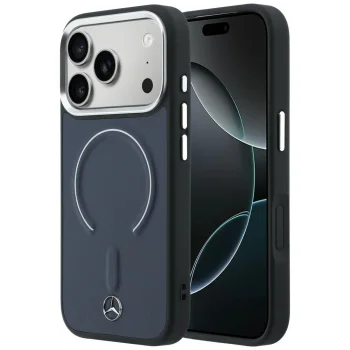 Mercedes Leather 3D MagSafe vāciņš Apple iPhone 17 Pro, Tumši zils