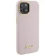 Guess iPhone 15 vāciņš Silicone Script Metal Logo & Frame, rozā