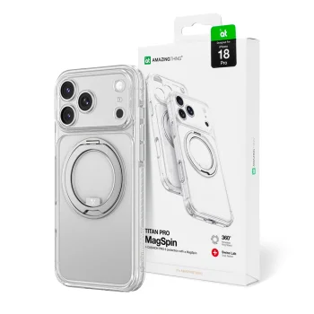 Чехол AmazingThing Titan Pro Spin Lens для iPhone 18 Pro с кольцом и MagSafe, прозрачный