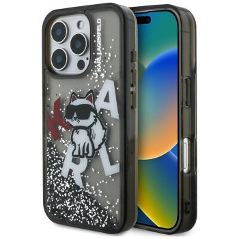 Karl Lagerfeld Liquid Glitter Choupette Logo maciņš iPhone 16 Pro Max telefonam – melns | Phone Case Cover