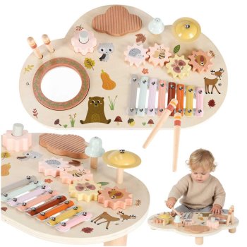 Muzikālais galdiņš koka aktivitāšu centrs ar ksilofonu un bungām