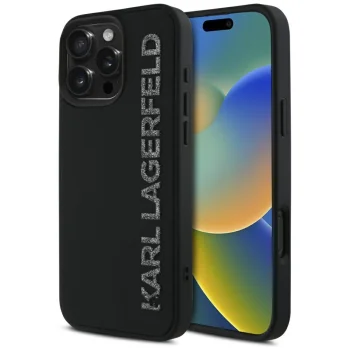 Karl Lagerfeld HC 3D Rubber Elongated Glitter vāciņš iPhone 16 Pro Max tālrunim – melns | Phone Case Cover