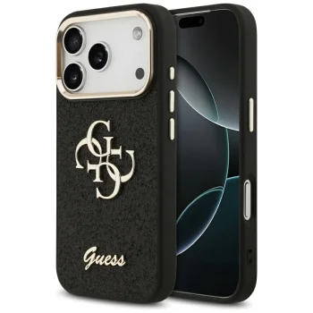 Guess Fixed Glitter Big 4G Metal Frame vāciņš iPhone 17 Pro telefonam – melns | Phone Case Cover