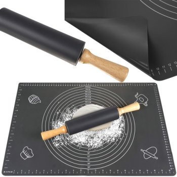 Non-slip Silicone Pastry Baking Dough Rolling Mat (59x39cm) + Pastry Roller Confectionery Silicone (38cm)
