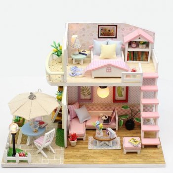 Bērnu Rotaļu Koka Leļļu Mājas Miniatūra ar Mēbelēm 3D DIY Konstruktors | Wooden Dollhouse Constructor