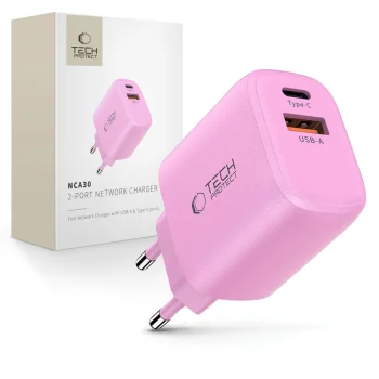 Tech-Protect NCA30 PD 30W QC3.0 USB-A / USB-C tīkla lādētājs, rozā