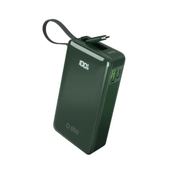 Sbs 10000 mAh 20W ārējais akumulators ar iebūvētu USB-C kabeli, zaļš