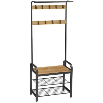 Industrial Hall Tree with Shoe Bench and Coat Hooks for Entryway