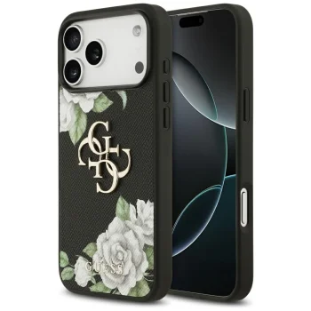 Чехол Guess Grained Roses & Big 4G Logo для iPhone 17 Pro Max - черный